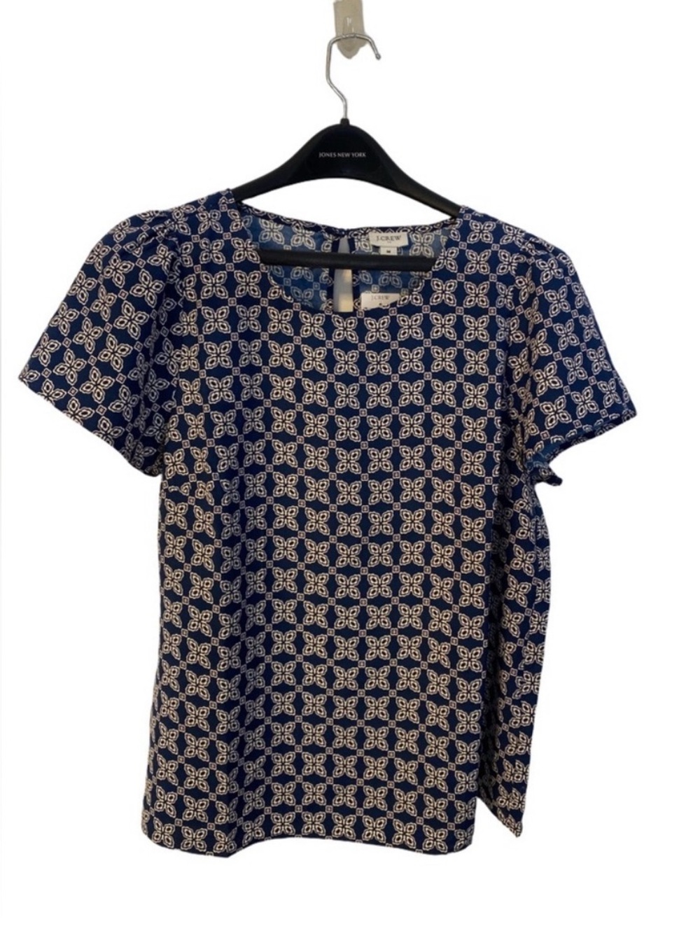 J.Crew Blue White Geometric Tile Print Top Medium Short Sleeve Blouse NWT
